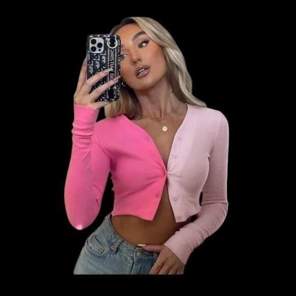 NWT Boofeenaa Patchwork Knit Button Front Crop Top Two Tone Pink - Picture 1 of 3